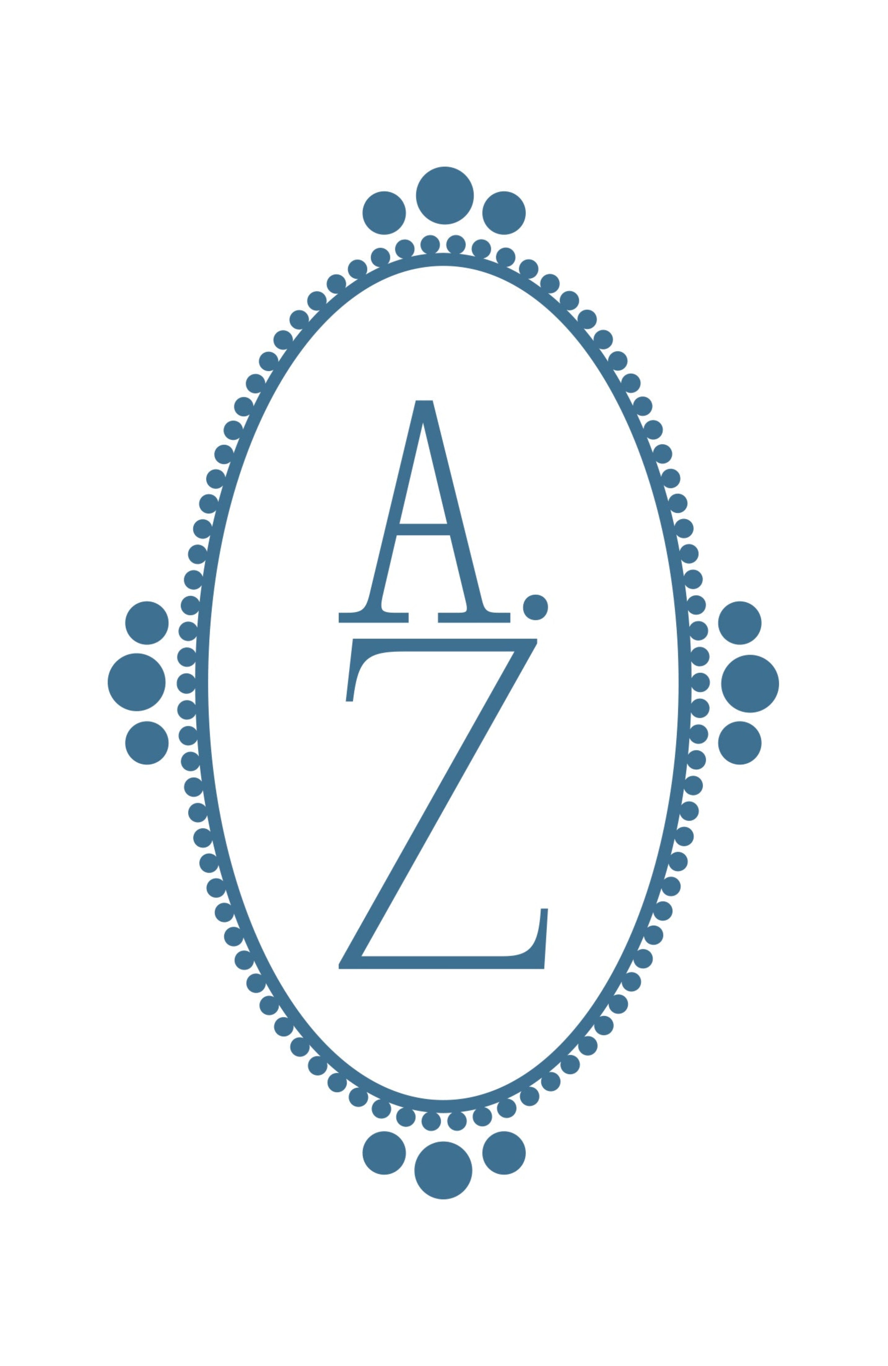 Blue monogram 'AZ' in an ornate frame on a white background
